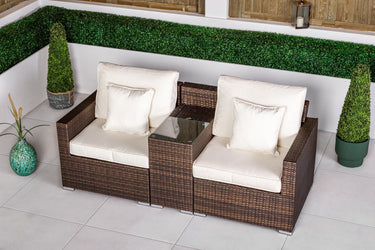 Havana 2 Seat Rattan Sofa Set With Drinks Cooler Console - Brown