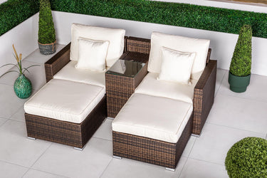 Havana 2 Seat Rattan Sofa Set With Drinks Cooler Console & 2 Ottomans- Brown