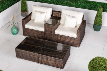 Havana 2 Seat Rattan Sofa Set With Drinks Cooler Console & 2 Ottomans- Brown