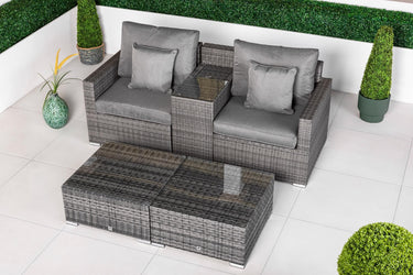 Havana 2 Seat Rattan Sofa Set With Drinks Cooler Console & 2 Ottomans - Grey