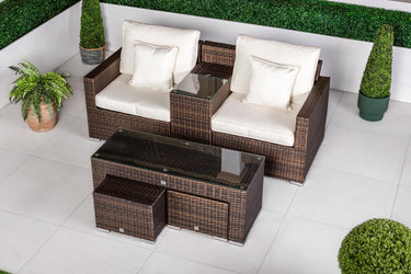 Havana 2 Seat Rattan Sofa Set With Drinks Cooler Console, Coffee Table & Stools - Brown