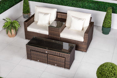 Havana 2 Seat Rattan Sofa Set With Drinks Cooler Console, Coffee Table & Stools - Brown