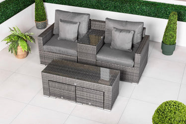 Havana 2 Seat Rattan Sofa Set With Drinks Cooler Console, Coffee Table & Stools - Grey