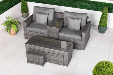 Havana 2 Seat Rattan Sofa Set With Drinks Cooler Console, Coffee Table & Stools - Grey