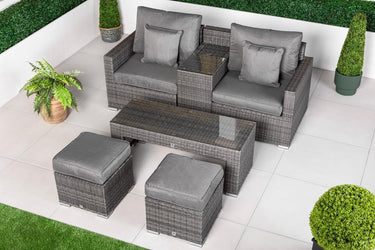 Havana 2 Seat Rattan Sofa Set With Drinks Cooler Console, Coffee Table & Stools - Grey