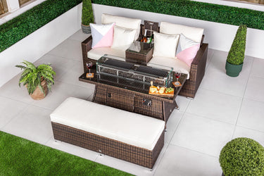 Havana 2 Seat Rattan Sofa Set With Drinks Cooler Console, Fire Pit Coffee Table & Bench - Brown