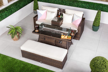 Havana 2 Seat Rattan Sofa Set With Drinks Cooler Console, Fire Pit Coffee Table & Bench - Brown