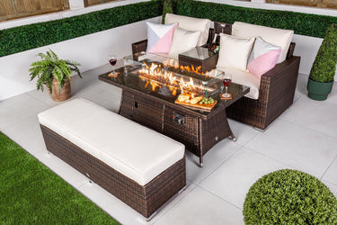 Havana 2 Seat Rattan Sofa Set With Drinks Cooler Console, Fire Pit Coffee Table & Bench - Brown