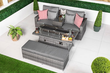Havana 2 Seat Rattan Sofa Set With Drinks Cooler Console, Fire Pit Coffee Table & Bench - Grey