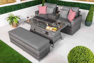 Havana 2 Seat Rattan Sofa Set With Drinks Cooler Console, Fire Pit Coffee Table & Bench - Grey