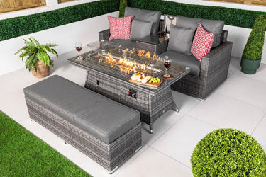 Havana 2 Seat Rattan Sofa Set With Drinks Cooler Console, Fire Pit Coffee Table & Bench - Grey
