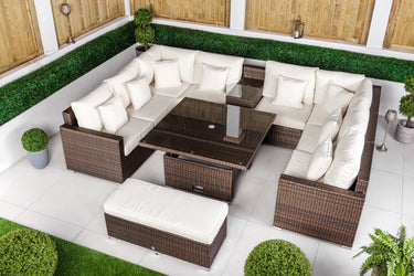 Havana 8 Seat Rattan Sofa Set With Height Adjustable Coffee Table, Bench - Brown