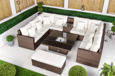 Havana 8 Seat Rattan Sofa Set With Height Adjustable Drinks Cooler Coffee Table, Bench - Brown