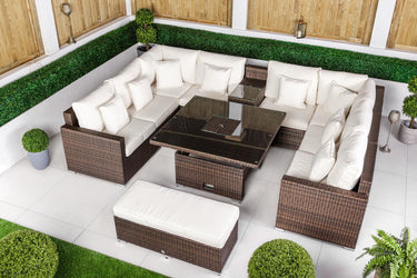 Havana 8 Seat Rattan Sofa Set With Height Adjustable Drinks Cooler Coffee Table, Bench - Brown