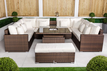 Havana 8 Seat Rattan Sofa Set With Height Adjustable Drinks Cooler Coffee Table, Bench - Brown