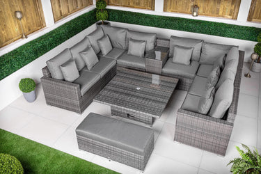 Havana 8 Seat Rattan Sofa Set With Height Adjustable Coffee Table, Bench - Grey