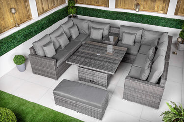 Havana 8 Seat Rattan Sofa Set With Height Adjustable Coffee Table, Bench - Grey