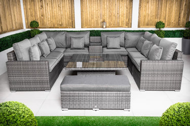 Havana 8 Seat Rattan Sofa Set With Height Adjustable Drinks Cooler Coffee Table, Bench - Grey