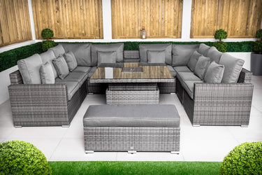 Havana 8 Seat Rattan Sofa Set With Height Adjustable Drinks Cooler Coffee Table, Bench - Grey