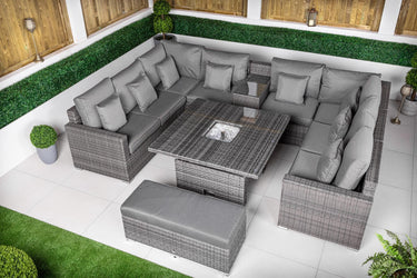 Havana 8 Seat Rattan Sofa Set With Height Adjustable Drinks Cooler Coffee Table, Bench - Grey
