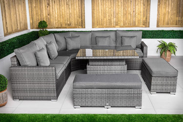 Santorini 5 Seat Rattan Sofa Set With Height Adjustable Coffee Table + 2 x benches - Grey