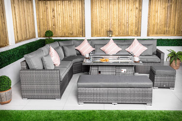 Santorini 6 Seat Rattan Sofa Set With Fire Pit Coffee Table, Bench and Stool - Grey