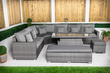 Santorini 6 Seat Rattan Sofa Set With Height Adjustable Coffee Table, Bench and Stool - Grey
