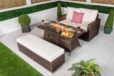 Sydney 2 Seat Rattan Sofa Set With Fire Pit Coffee Table & Bench - Brown