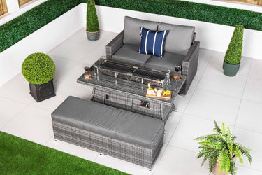 Sydney 2 Seat Rattan Sofa Set With Fire Pit Coffee Table & Bench - Grey
