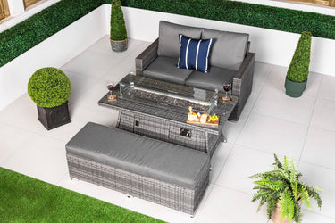 Sydney 2 Seat Rattan Sofa Set With Fire Pit Coffee Table & Bench - Grey