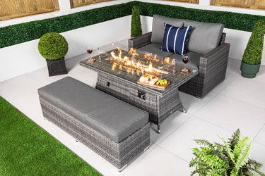 Sydney 2 Seat Rattan Sofa Set With Fire Pit Coffee Table & Bench - Grey