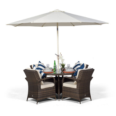 Arizona Round 4 Seater Rattan Patio Dining Table & Chairs Set - Brown