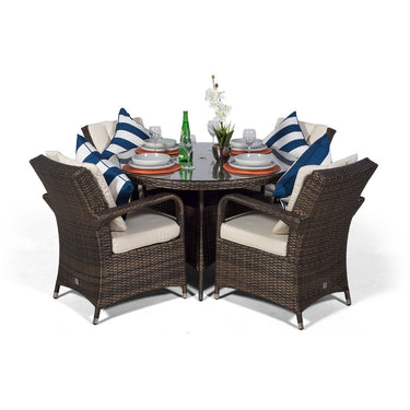 Arizona Round 4 Seater Rattan Patio Dining Table & Chairs Set - Brown