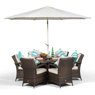 Arizona Round 6 Seater Rattan Patio Dining Table & Chairs Set - Brown