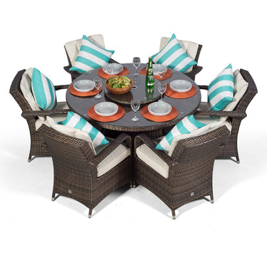 Arizona Round 6 Seater Rattan Patio Dining Table & Chairs Set - Brown