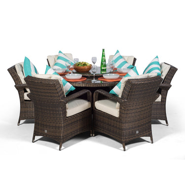 Arizona Round 6 Seater Rattan Patio Dining Table & Chairs Set - Brown