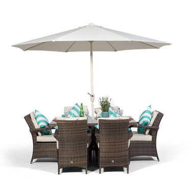 Arizona Rectangular 6 Seater Rattan Patio Dining Table & Chairs Set - Brown