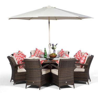 Arizona Round 8 Seater Rattan Patio Dining Table & Chairs Set - Brown