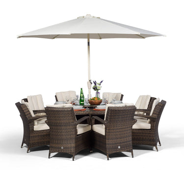 Arizona Round 8 Seater Rattan Patio Dining Table & Chairs Set - Brown