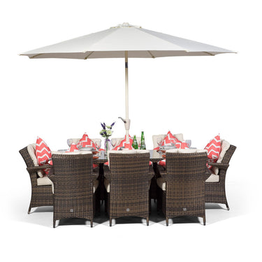 Arizona Rectangular 8 Seater Rattan Patio Dining Table & Chairs Set - Brown