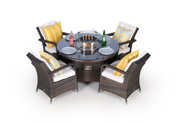 Arizona Fire Pit 4 Seater Round Rattan Dining Set - Brown