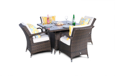 Arizona Fire Pit 4 Seater Square Rattan Dining Set - Brown