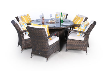 Arizona Fire Pit 6 Seater Round Rattan Dining Set - Brown