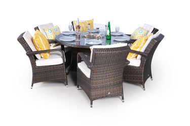 Arizona Fire Pit 6 Seater Round Rattan Dining Set - Brown