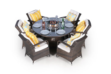 Arizona Fire Pit 6 Seater Round Rattan Dining Set - Brown
