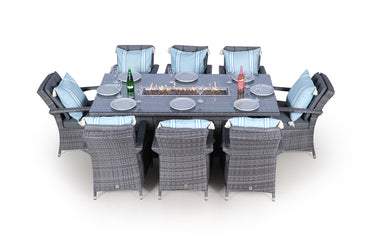 Arizona Fire Pit 8 Seater Rectangle Rattan Dining Set - Grey