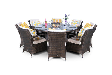 Arizona Fire Pit 8 Seater Round Rattan Dining Set - Brown