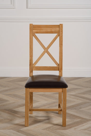 Berkeley Solid Oak & Brown Leather Dining Chair | Cross Back