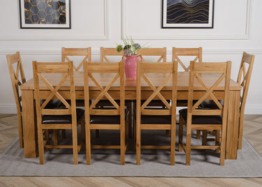 Dakota Extra Large Oak Dining Table with 10 Berkeley Oak & Brown Leather Chairs