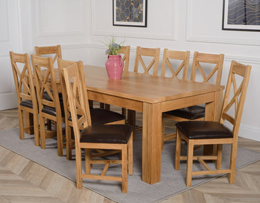 Dakota Extra Large Oak Dining Table with 10 Berkeley Oak & Brown Leather Chairs